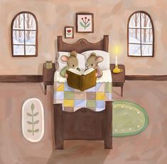 a painting of two mice reading a book on a bed in a room with windows