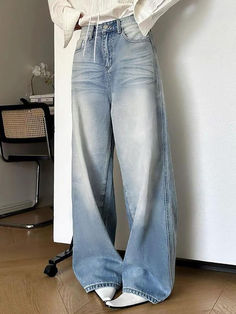 High Waist Washed Loose-Fit Wide-Leg Jeans - AnotherChill Hipster Pants, White Gradient, Street Y2k, Streetwear Jeans, Two Piece Jumpsuit, Vintage Preppy, Jeans Y2k, Classic Jeans, Vintage Casual