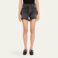 MOUSSY VINTAGE "Aristida" shorts featuring a frayed hem in faded black denim  Approx. 2.95" inseam High rise Five-pocket style Easy fit Button/zip fly; belt loops Cotton Machine wash cold, line dry Imported Edgy Washed Black Shorts With Frayed Hem, Edgy Washed Black Jean Shorts With Frayed Hem, Washed Black Cutoff Shorts, Edgy Dark Wash Shorts With Frayed Hem, Distressed Washed Black Shorts, Washed Black Short Jeans With Frayed Hem, Short Washed Black Jeans With Frayed Hem, Cut Off, Black Denim