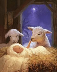 a painting of two lambs and a baby jesus in a manger