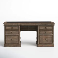 an old wooden desk with two drawers and one drawer on the top, against a white background