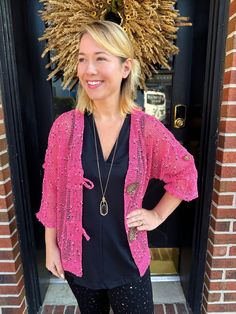 Pink with black and white speckle color Mid-length sleeve 2 Over-Size Buttons Perfect cardigan for many dresses or tank tops Size Recommendation: Size down 1 size in this cardigan Sizing Size Dress Size Bust Waist Hips XS 4 34"-35" 26"-27" 37"-38" S 6-8 36"-37" 28"-29" 39"-40" M 8-10 38"-39" 30"-31" 41"-42" L 12-14 40"-41" 32"-33" 43"-44" XL 16 42"-43" 34"-35" 45"-46" 1X 18 44"-45" 36"-37" 47"-48" Lulu-B Clothing was started from a small family business that was founded in 1977 in South Florida. Gauze Clothing, Hot Pink Cardigan, Perfect Cardigan, Dress With Shawl, Pink Cardigan, Judy Blue Jeans, Cotton Cardigan, Night Shirt, Cotton Hoodie