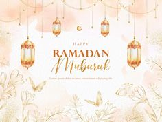 rama mubarak greeting card with hanging lanterns and butterflies on watercolor painted background