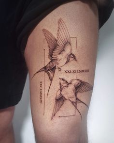 a tattoo on the leg of a man with a humming bird flying over it's head