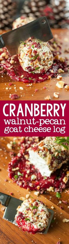 cranberry walnut cheesecake with goat cheese topping on a cutting board next to a knife