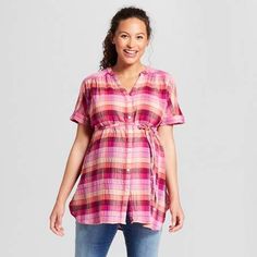 #ad Maternity Dolman Short Sleeve Button-Down Top - Isabel Maternity by Ingrid & Isabel | Modest Maternity Tops | Modest style | Long Button Down Shirt, Maternity Shirt Dress, Dolman Shirt, Plaid Material, Maternity Shirt, Orange Plaid, After Baby, Womens Maternity