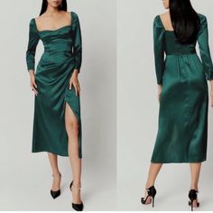 Reformation Gloriana Silk Midi Wrap Dress Emerald Green, Size 10 *Flaw* The Gloriana Is A Long Sleeve, Midi Length Dress With A Sweetheart Neckline And A Wrap Skirt. It Features Smocking At The Back For A Little Bit Of Stretch. It Has A Bustier Seam Detail And Is Fitted Throughout For A More Defined Look. As Seen On Margot Robbie And Adele! - Size 10 Approx. Measurements (Flat Lay): - Length (Top Of Shoulder To Hem): 53” - Pit To Pit: 17.5” - Waist: 15” - Sleeve Length: 25.5” Details: -100% Visc Elegant Silk Midi Dress With Square Neck, Silk Square Neck Dresses For Formal Occasions, Silk Square Neck Party Dress, Formal Silk Dress With Square Neck, Formal Silk Square Neck Dress, Green Satin Square Neck Dress, Silk Square Neck Evening Dress, Fitted Ruched Silk Midi Dress, Formal Satin Midi Dress With Square Neck