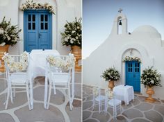 two pictures of a table and chairs with white flowers on them, one has blue doors