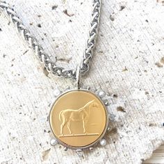 Silver Medallion Necklace With Curb Chain, French Coins, Co Design, Coin Necklace, Coin Pendant, Boutique Jewelry, Chain Length, Equestrian, Wheat