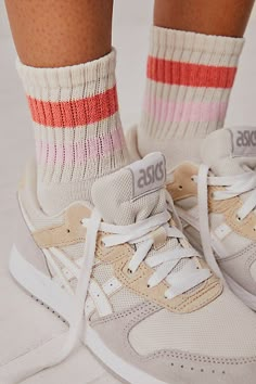 Simply sporty with true vintage flair, these American-made cotton quarter crew socks are the ultimate essential. **Fit:** Quarter crew length **Features:** Soft cotton blend, ribbed texture, seamed toe and heel, striped details **Why We | Retro Shortie Crew Socks by American Trench at Free People in Pink Cute Ankle Socks, Vintage Socks, Ankle Socks Women, Pink Fits, Socks For Women, Tube Socks, Colorful Socks, Gym Shoes, Navy Gold