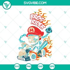 an image of a cartoon character riding a car with flames in the background and text above it