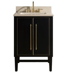 a black and gold bathroom vanity with two sinks