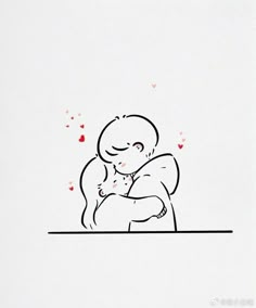 a drawing of a person hugging someone with hearts coming out of their arms and behind them