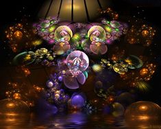 a digital painting of flowers and lights in the dark with water around them on a black background