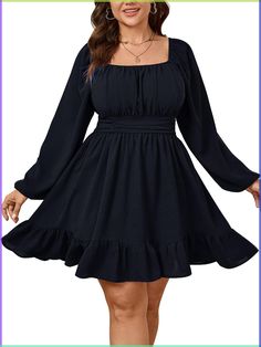 PRICES MAY VARY. Material: The Plus Size Dresses For Curvy Women Are So Soft, Comfy And Breathable, Which Keeps From Rubbing Your Skin, The Decent Thickness Bring You Cosy And Perfect Experience In Various Temperatures While Not Being Seen Through Features: Plus Size Dress For Women/ Dress For Women/ Plus Size Mini Dress/ Plus Size Casual Dress/ Elegant Off The Shoulder Dress For Women/ Square Neck Dress / Mini Dress/ Plus Size Cocktail Dress/ Plus Size Wedding Guest Dress/ Charming Slim Fit/ A Ruched Bust/ Smocked Waist/ Elastic Waist/ Long Lantern Sleeve/ Suitable For Most Body Shape/ Above Knee Length Classic Dress: The Square Collar And Lantern Sleeves Of This Plus Size Dress Bring A Touch Of Retro Elegance. The Sleeves Can Be Pulled Down For A Cute Off-Shoulder Look, Adding A Hint Of Woman Plus Size Dresses, Dark Blue Dress Short Long Sleeve, Petite Plus Size Dresses, Fall Birthday Dress, Winter Dress Outfit Casual, Best Dresses For Short Women, Plus Size Date Night Outfits, Dresses Plus Size Casual, Dress Plus Size Wedding Guest