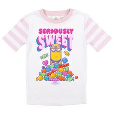 Kids can cuddle up with their favorite silly characters when they wear this officially licensed Minions pajama set. The short-sleeve tee features a big colorful graphic of a minion perched atop a pile of “sweet” things, while the included sleep pants boast an eye-catching pink-and-white striped pattern. Crafted from high-quality polyester jersey to keep kids feeling their best overnight, these pajamas provide superior comfort and durability. When it’s time to clean your pajamas, simply machine w Sweet Characters, Silly Characters, Girl Pajamas, Button Up Pajamas, A Minion, Satin Short, Pink And White Stripes, Sleep Pants, Pajama Robe