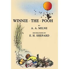 winnie the pooh book with an orange balloon flying above it and two children playing