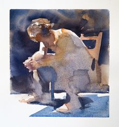 a watercolor painting of a man sitting on a chair