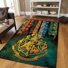 harry potter rug with hogwarts symbols on it