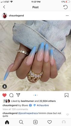 Blue Tip Ombre Nails, Ombré Light Blue Nails, Nails Ombre Blue, Blue Ombre Nails Almond, Ombre Nails Almond Blue, Blue Boomer Nails, Blue Ombré Nails, Baby Blue Nails Stiletto, Ombre Blue Nails