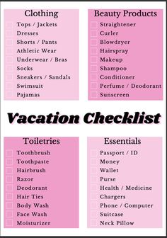 a pink and black checklist with the words vacation checklist written in white on it