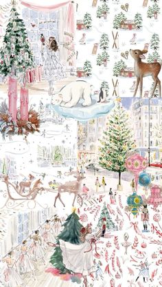 a drawing of christmas trees and people in the snow with animals, deers and other holiday decorations