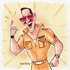 a drawing of a man in an orange uniform pointing to the side with his finger up