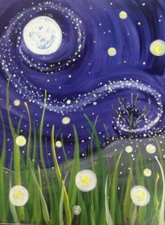 a painting of grass and flowers with the moon in the sky above it, painted on canvas