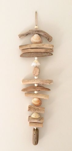 a wall hanging made out of driftwood with shells and seashells on it