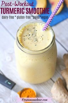 a smoothie in a mason jar with a purple and white striped straw next to it