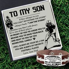 What is the best American Football gift idea for your Son on his Birthday, Anniversary, Christmas, Thanksgiving, Graduation, etc? There might be no better gift idea than this Football Bracelet ?This unique brown leather bracelet, with white stitching, specially designed for American football lover and is a great keepsake gift that is able to convey the meaning of your love.The bracelet also comes with a lovely box with a meaningful love message, allowing you to express your love in the most subt Senior Football Gifts Goodie Bags, Football Homecoming Gifts For Boys, Football Locker Decorations High School, Senior Football Quotes, Football Poems, Football Mom Quotes, Senior Football Gifts, Football Prayer, Football Locker Decorations