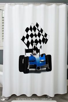 a blue race car with a checkered flag shower curtain