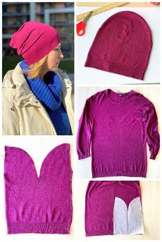 four pictures of different types of clothing and hats, including one with a beanie