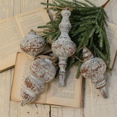 an open book with ornaments on top of it next to some pine branches and cones