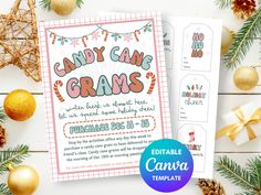 a candy cane grans flyer with christmas decorations and pine cones on the table next to it