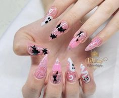 Halloween Acrylic Nails Stiletto, Pink Halloween Nails Stiletto, Pink Purple Halloween Nails, Black Pink Halloween Nails, Pink And Black Bat Nails, Acrylic Nails Stiletto