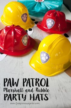 four fireman's hats with paw patrol on them and the words paw patrol marshall and rubble party hats