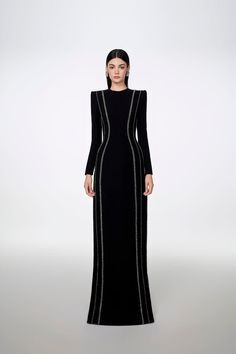 Sloane Bodycon Long Sleeved Crepe Floor Length Dress - MEAN BLVD Royal Outfit, Long Black Evening Dress, Mean Blvd, Elegant Dresses Classy, Floor Length Dress, Royal Outfits, Ankle Length Dress, Full Dress, Classy Dress Outfits