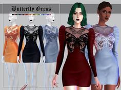 three different colored dresses with butterflies on them