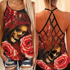 Skull Love Grim Reaper Criss-Cross Open Back Tank Top Skull Clothes, Skull Love, Skull Shoes, Open Back Tank Top, Open Back Tank, Skull Clothing, Effortless Fashion, Skull Shirts, Denim Skirts