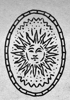 a black and white drawing of a sun in a circle