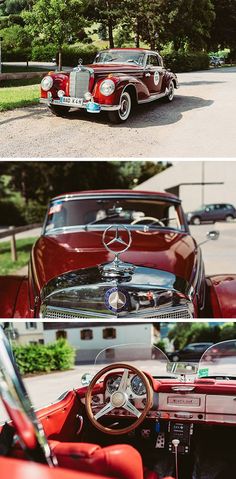 an old red car parked on the side of a road next to another classic car