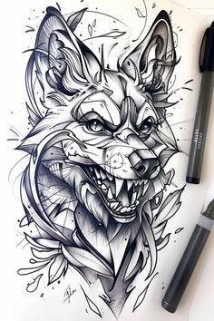 an ink drawing of a wolf's head with sharp teeth and fangs on it