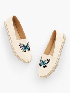 A sunny day must-have. Espadrille comfort enhanced with a memory foam footbed. With a smile-worthy butterfly embroidery. Heel and vamp padding for extra comfort and support. Features Gift Box/Gift Wrap is not available for this item. Round Toe 1/2" Heel Height Memory foam footbed Imported Material: 100% Cotton | Izzy Embroidered Canvas Espadrilles - Butterfly - 100% Cotton Talbots Style At A Certain Age, Johnny Collar, Spring Blouses, Espadrilles Style, Embroidered Canvas, Embroidered Butterfly, Butterfly Embroidery, Classic Style Women, Modern Embroidery