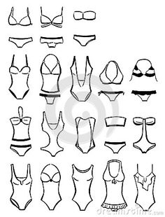 various swimsuits and bathing suits drawn in black ink on a white background with clipping