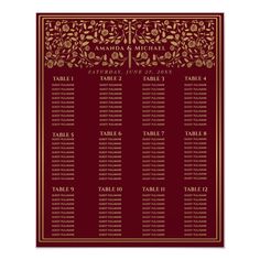 a red and gold wedding seating chart on a white background, with the names and date