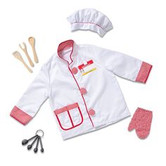 a chef's outfit and utensils are laid out on a white surface