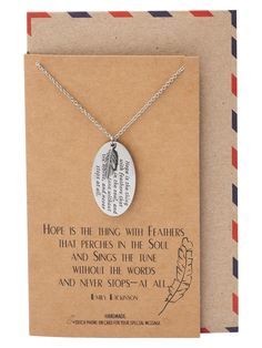 PRICES MAY VARY. Motivational Gifts for Her: Crafted as motivational gifts for women, our necklace serves as a source of inspiration and encouragement, uplifting the spirits and empowering women to pursue their dreams with confidence and determination. Unique and Stylish Design: Our Feather and Engraved Oval Plate Pendants Necklace boasts a unique design that stands out, making it a stylish accessory that complements any outfit or occasion. Adjustable,durable,safe: Feather necklace chain is made Hope Is The Thing With Feathers, Oval Plate, There Is Hope, Daughter Jewelry, Engraved Pendant, Pendants Necklace, Inspirational Jewelry, Best Friend Necklaces, Feather Necklace