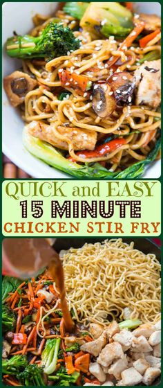 chicken and noodle stir fry with text overlay