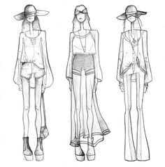 three women's clothing sketches, one in white and the other in black